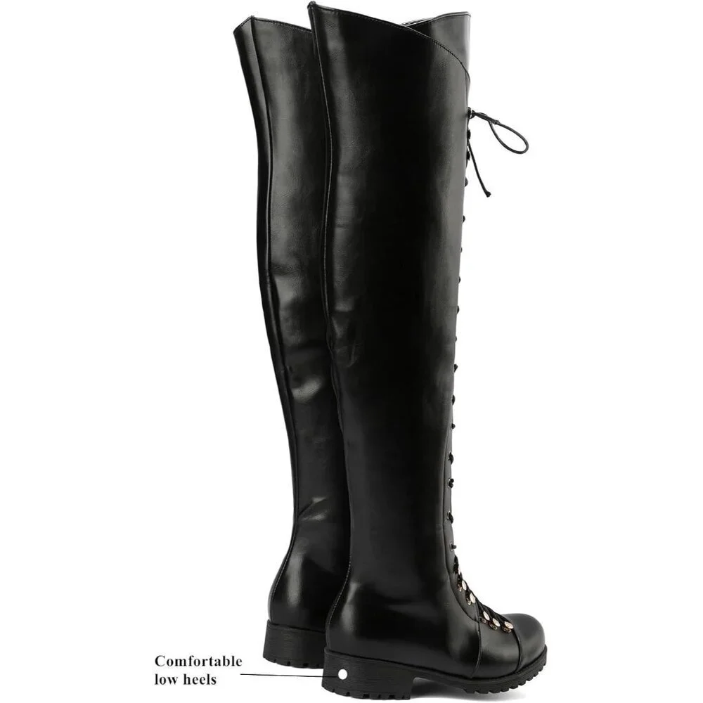 Women's Black Faux Leather Over The Knee Square Toe Thigh High Combat Boots